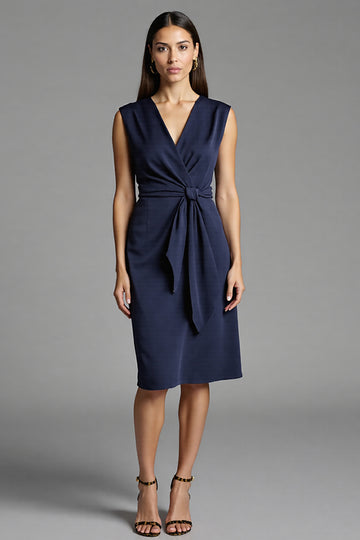 Navy Sheath V-Neck Midi Dress with Sash